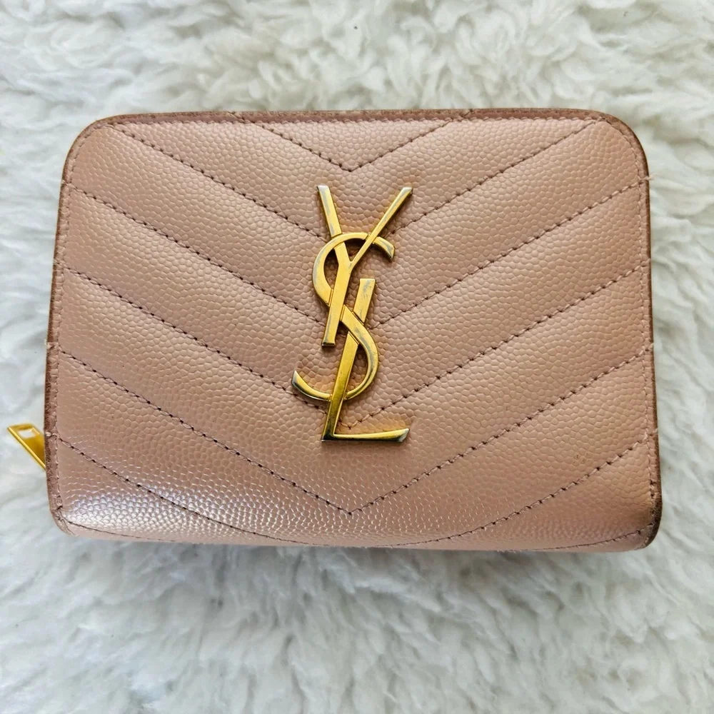 Yves Saint Laurent Cassandra Matellase Blush Grain Leather Compact Wallet - Picture 1 of 16